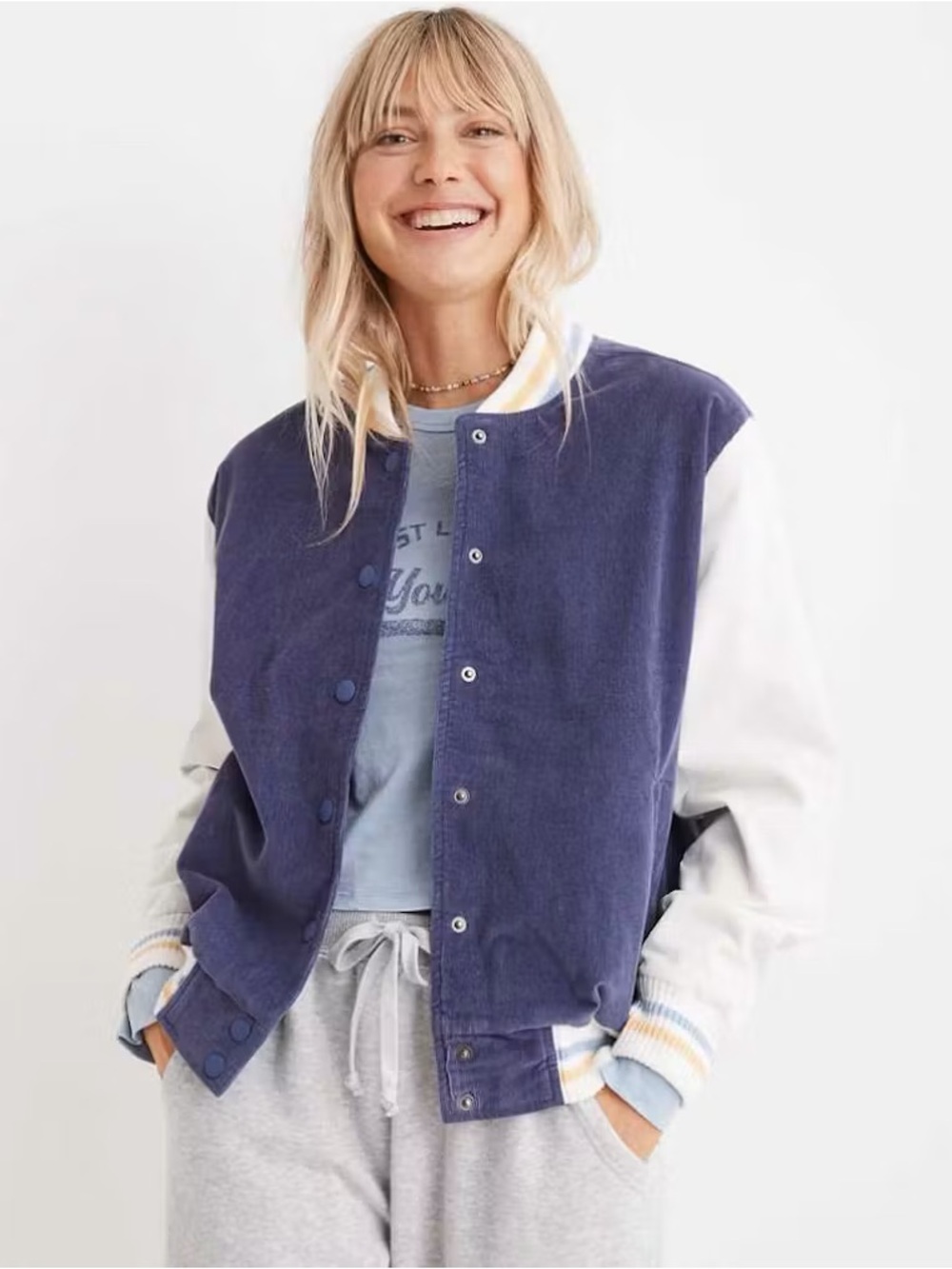 Aerie Varsity corduroy bomber jacket Navy, with white,yellow and blue stripes